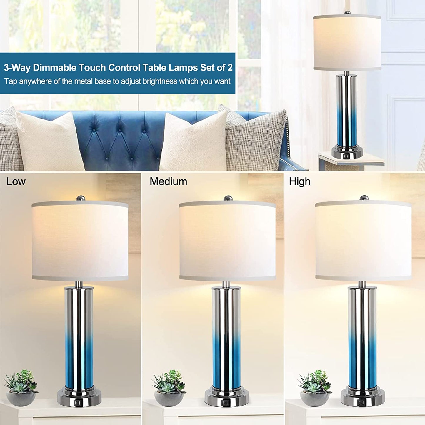 PARTPHONER 27''Tall Ombre Indigo Glass Table Lamps Set of 2