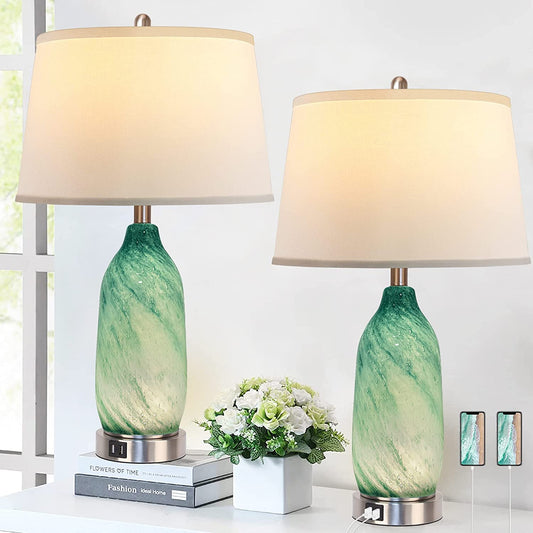 PARTPHONER 24.5'' Coastal Green Glass Table Lamp with 2 USB Ports