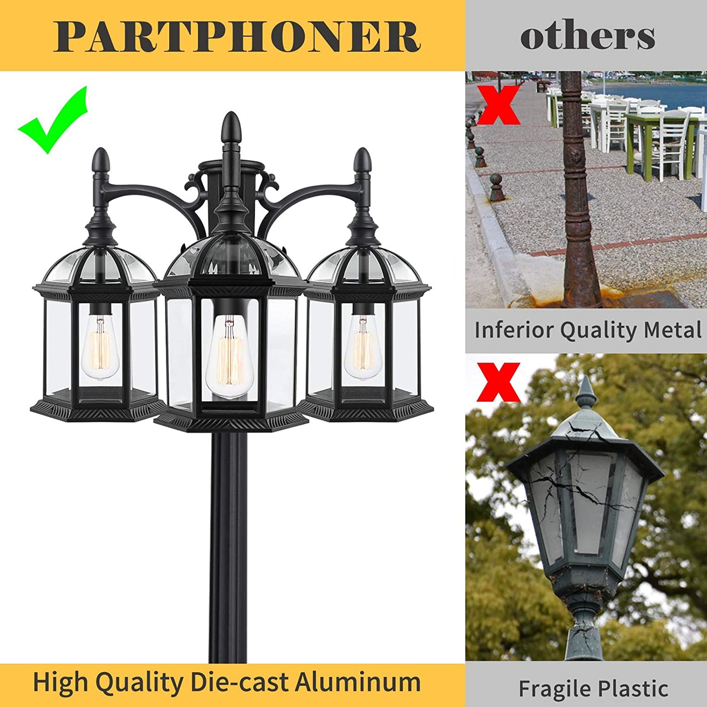PARTPHONER 3-Head Outdoor Lamp Post Light Birdcage, Black