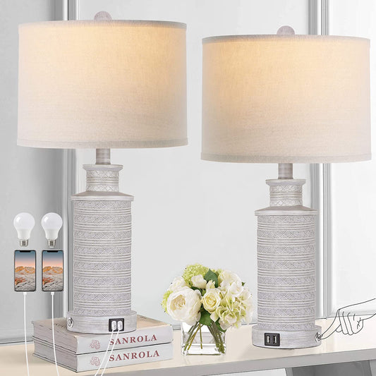 PARTPHONER Gray Rustic Farmhouse Table Lamps Set of 2